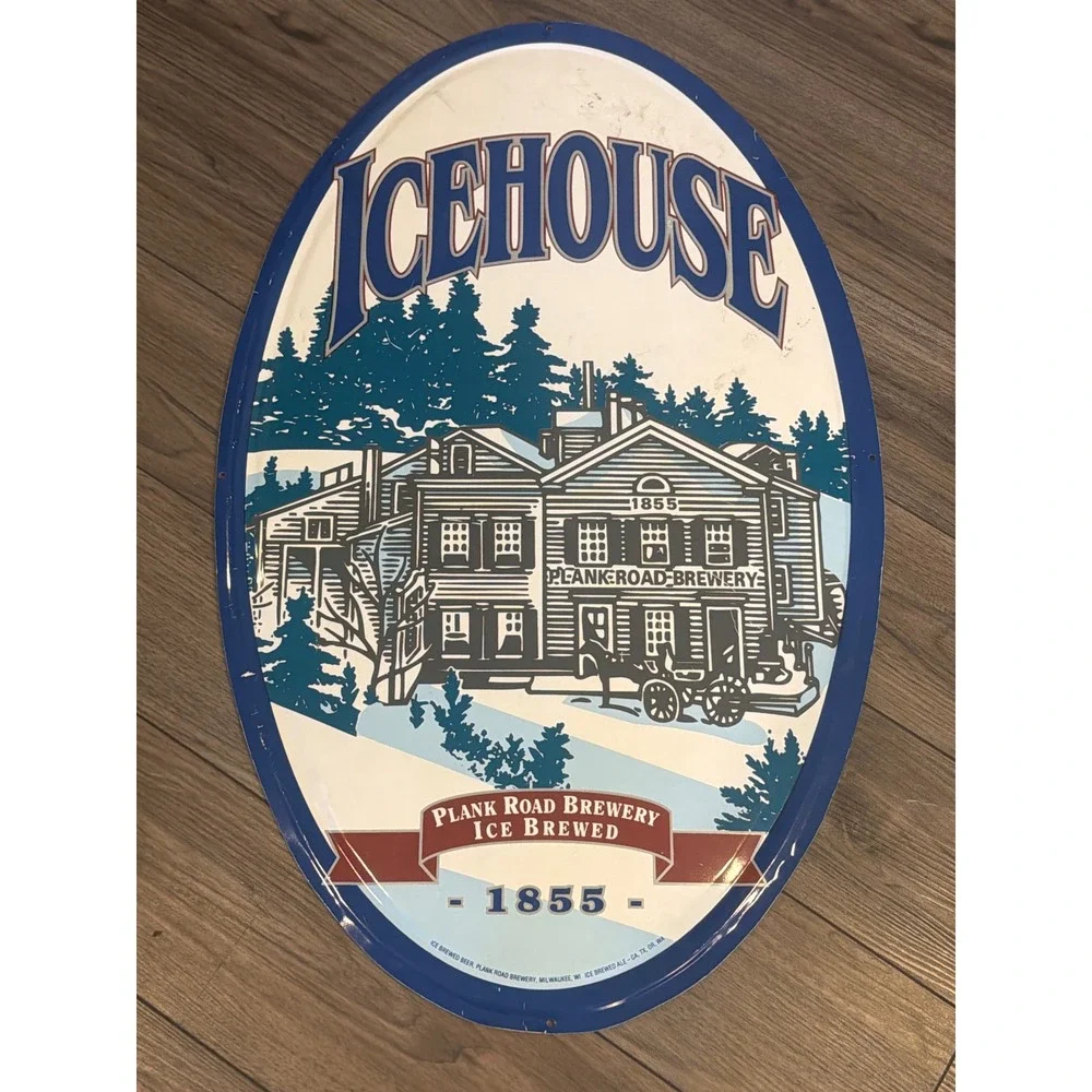 Vintage Icehouse Beer Plank Road Brewery 1855 Oval Metal Sign Tacker 31